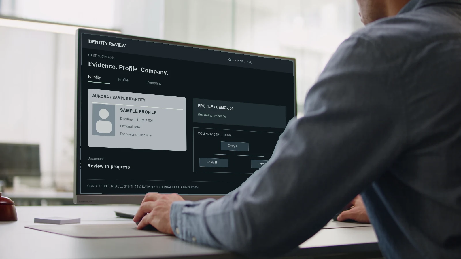 Illustrative scene of a professional reviewing a synthetic identity, profile and company structure on a monitor.